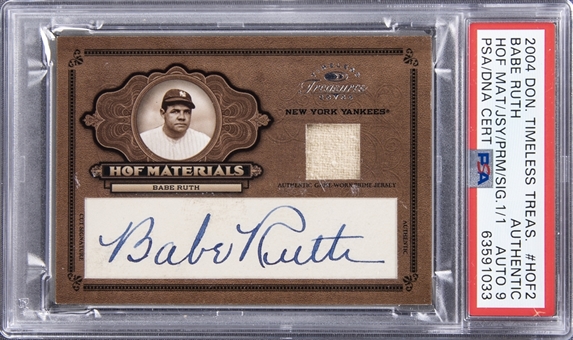 2004 Donruss Timeless Treasures "HOF Materials" #HOF2 Babe Ruth Cut Signature and Game Used Jersey Card (#1/1) – PSA Authentic, PSA/DNA 9